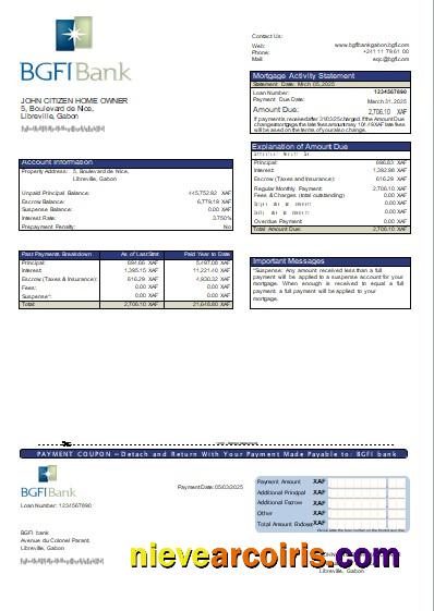 Gabon BGFI bank mortgage statement